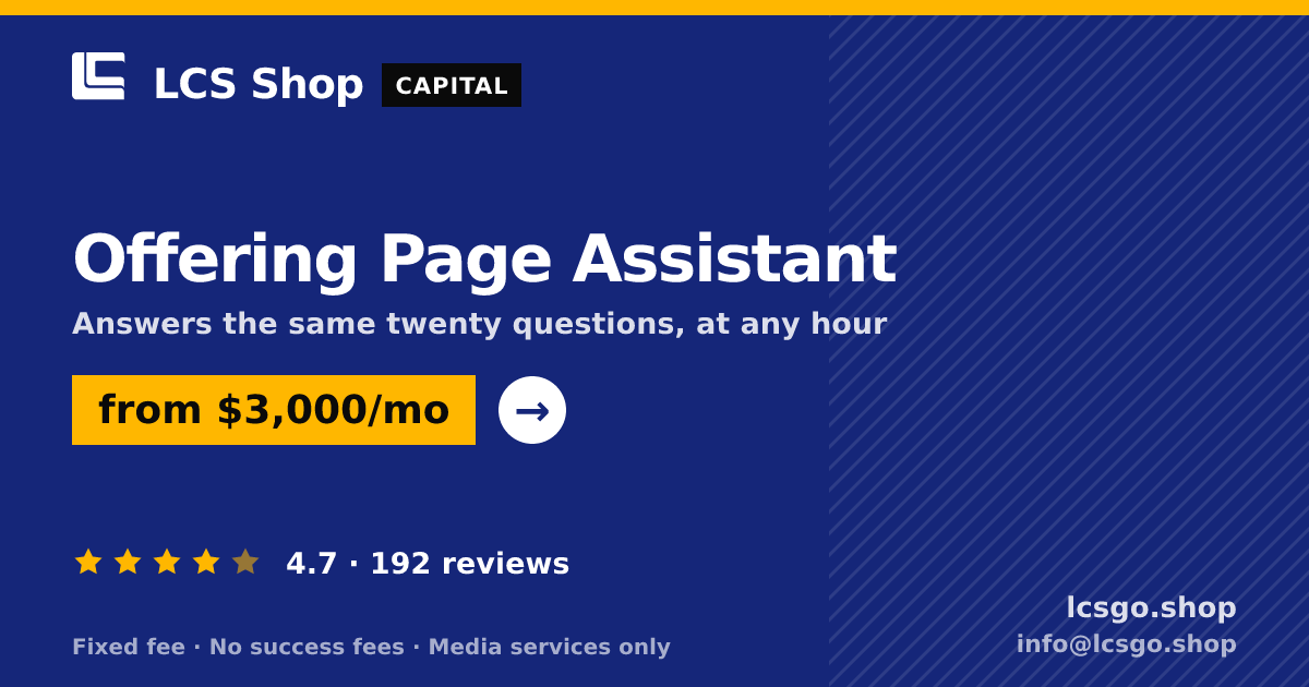 Offering Page Assistant — from $3,000/mo, rated 4.7/5 across 192 reviews. LCS Shop.