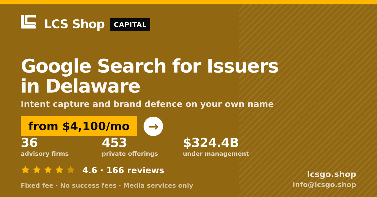 Google Search for Issuers in Delaware — from $4,100/mo, rated 4.6/5 across 166 reviews. LCS Shop.