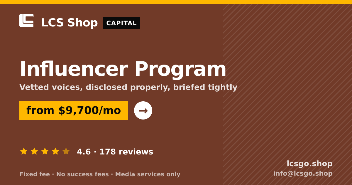 Influencer Program — from $9,700/mo, rated 4.6/5 across 178 reviews. LCS Shop.