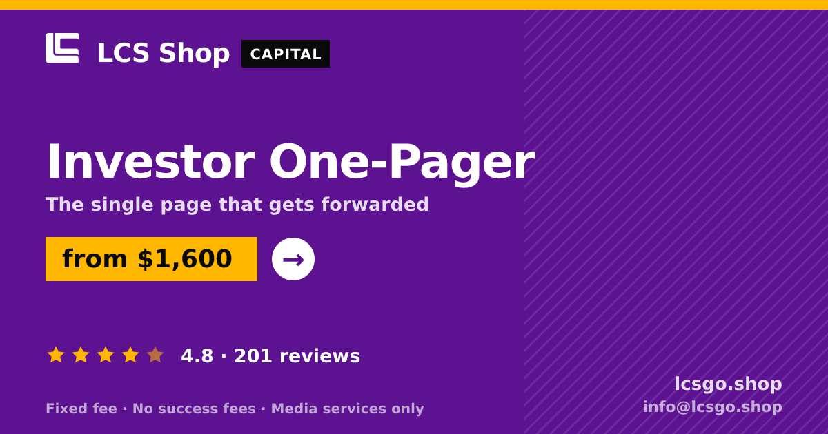 Investor One-Pager — from $1,600, rated 4.8/5 across 201 reviews. LCS Shop.