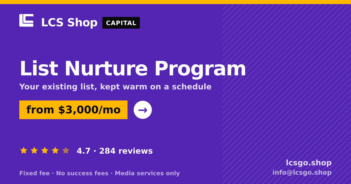 List Nurture Program — from $3,000/mo, rated 4.7/5 across 284 reviews. LCS Shop.