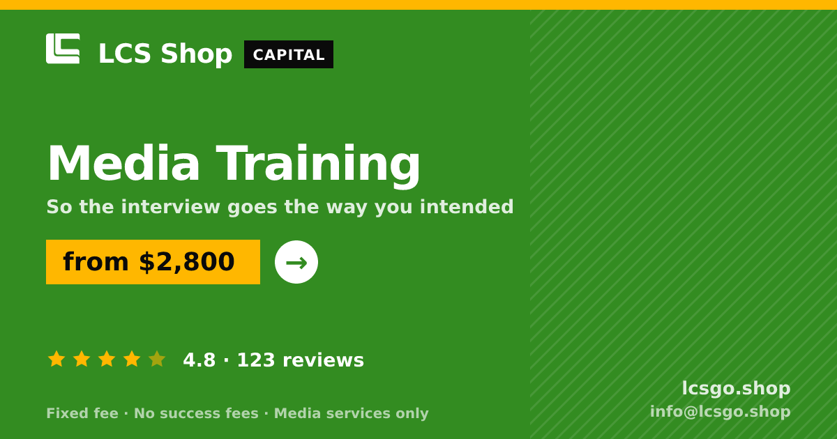 Media Training — from $2,800, rated 4.8/5 across 123 reviews. LCS Shop.
