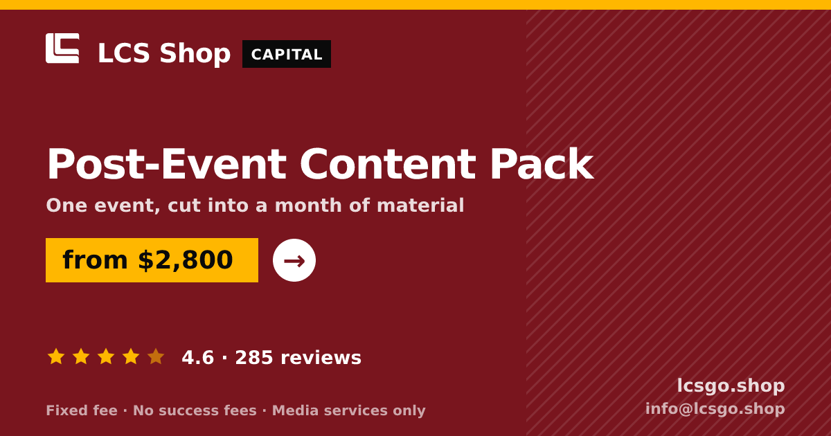 Post-Event Content Pack — from $2,800, rated 4.6/5 across 285 reviews. LCS Shop.