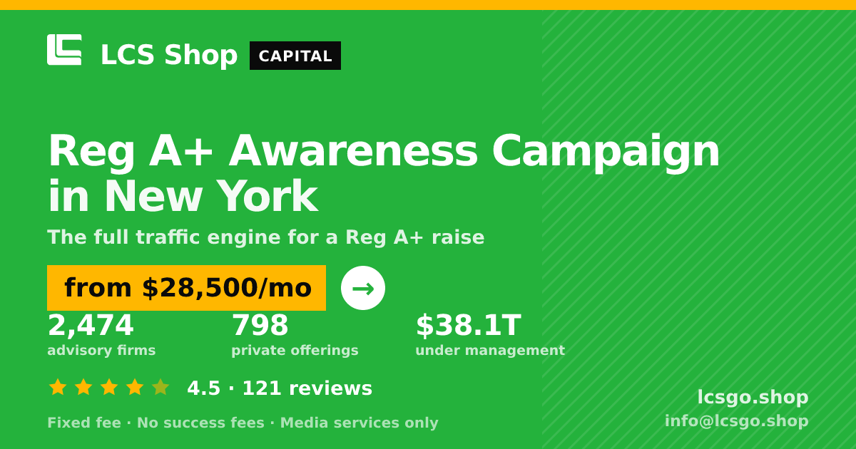 Reg A+ Awareness Campaign in New York — from $28,500/mo, rated 4.5/5 across 121 reviews. LCS Shop.